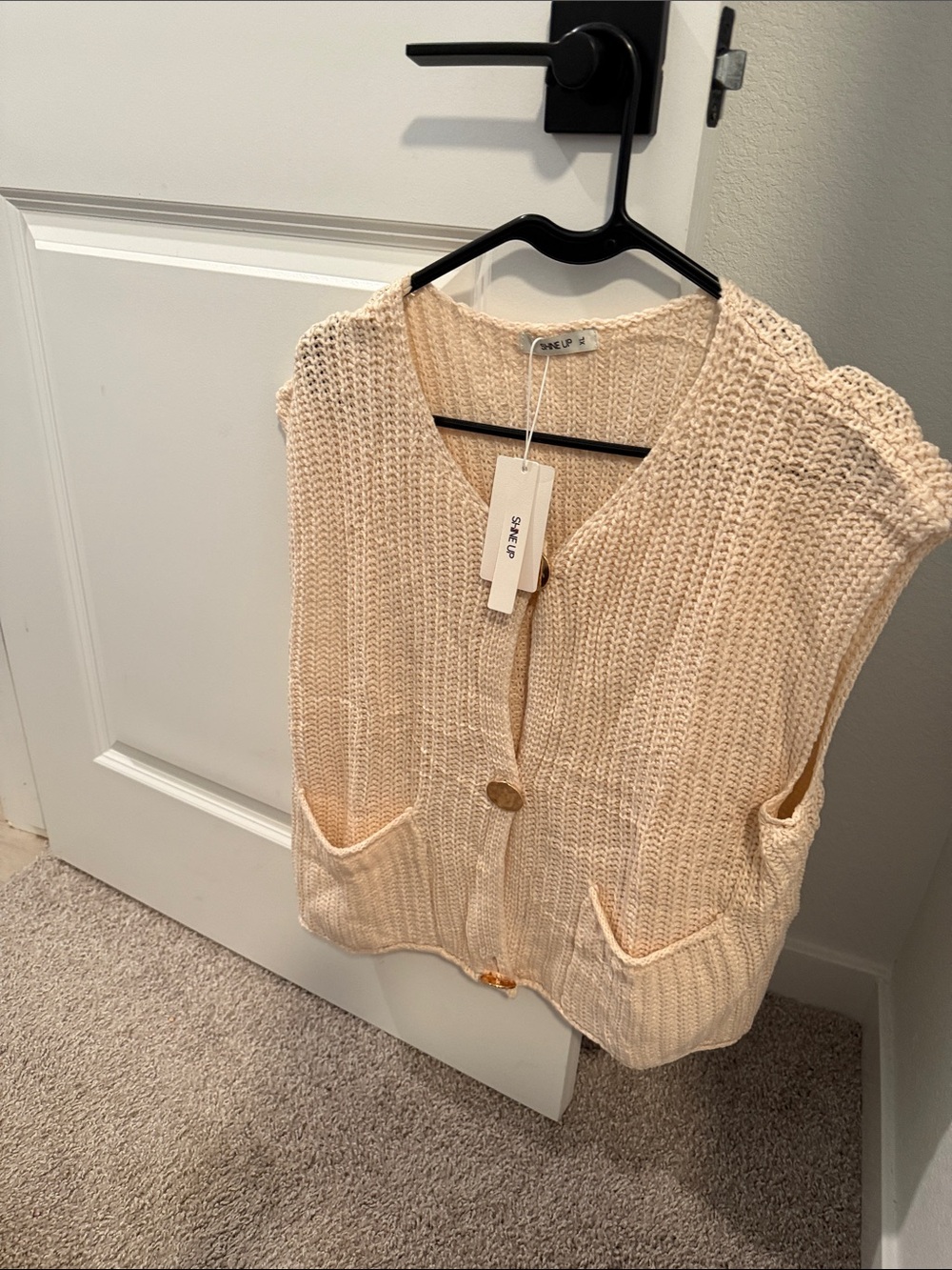 Amazon Cream Crochet Knit Button-Front Vest
